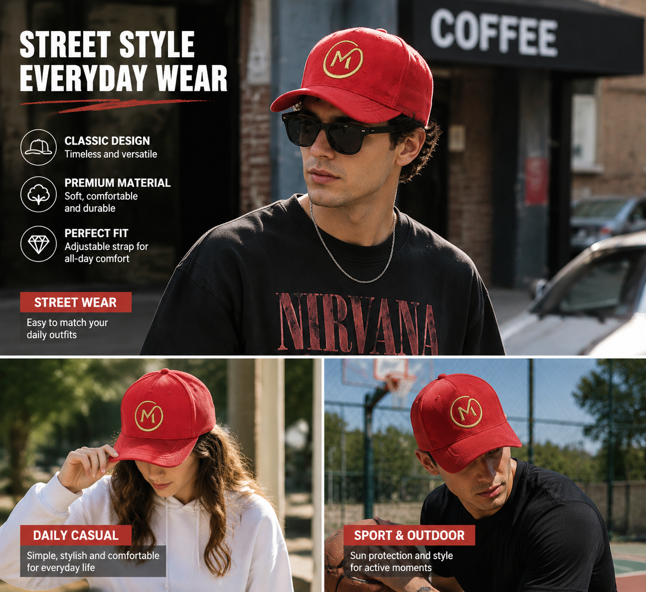 Red Suede Mesh Trucker Cap with Gold Embroidered Logo