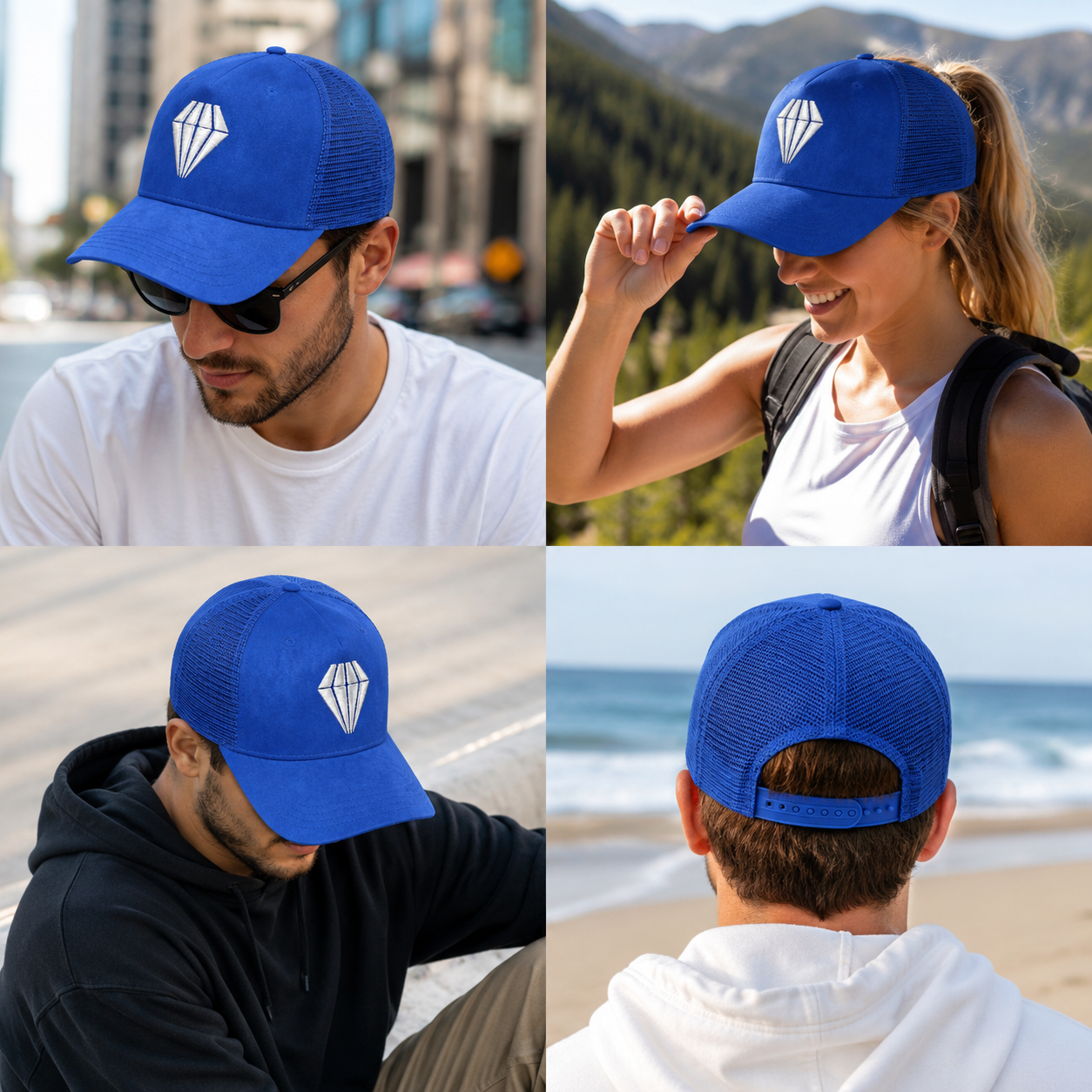Royal Blue Suede-Style Mesh Trucker Cap with White Diamond Embroidery