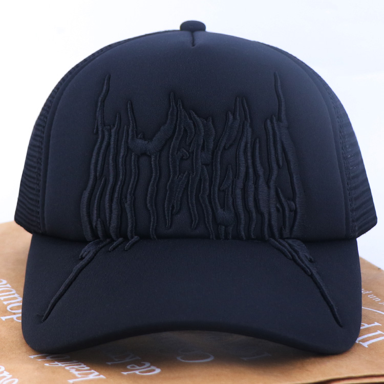Midnight Black Tonal Gothic Flame Embroidered Mesh Trucker Cap