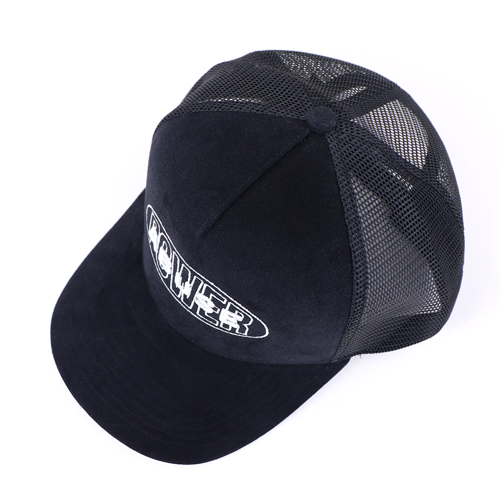 Black 5 Panel Mesh Trucker Hat with Embroidered Logo Adjustable Streetwear Cap