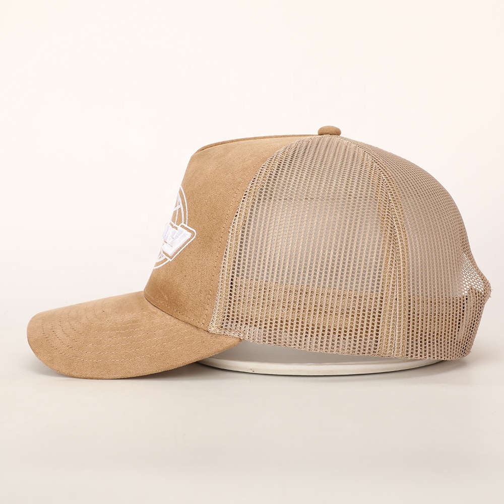 Vintage Khaki Suede Mesh Trucker Cap with White Embroidered Logo and Adjustable Snapback Closure