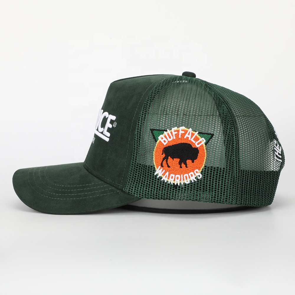 Dark Green Suede Mesh Trucker Cap with White Raised Embroidery