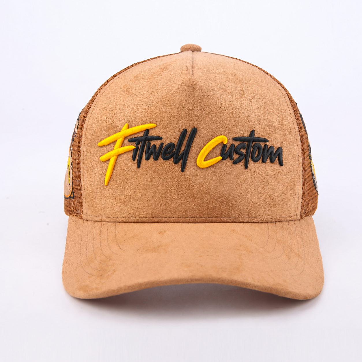 Vintage Red Brown Black Suede Mesh Trucker Hat with Embroidered Graphic Logo Streetwear Cap