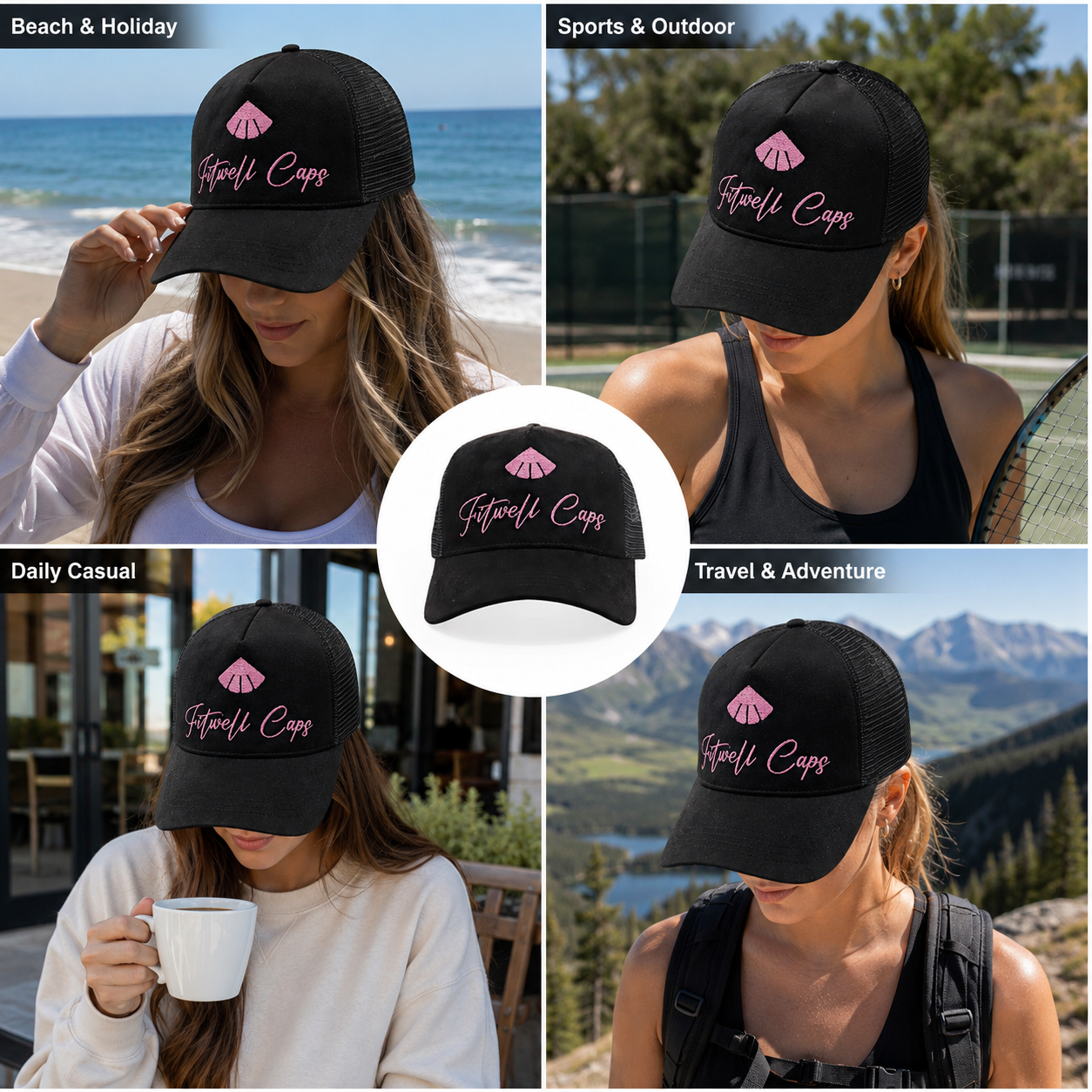 Black Suede Mesh Trucker Cap with Pink Script Embroidery