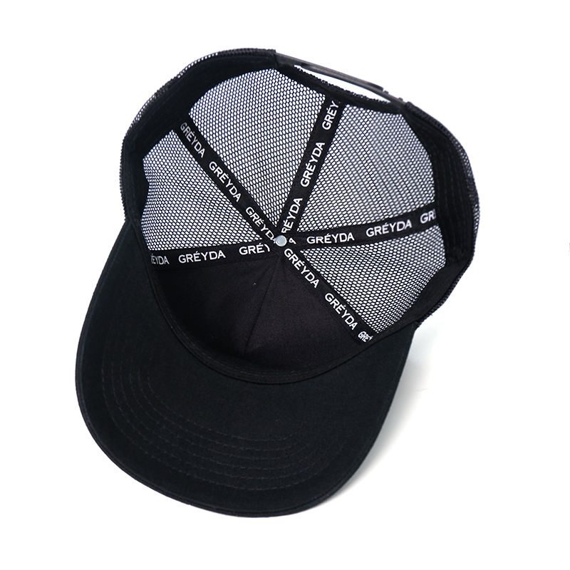 Black Cotton Mesh Trucker Cap with White Embroidered Geometric Logo