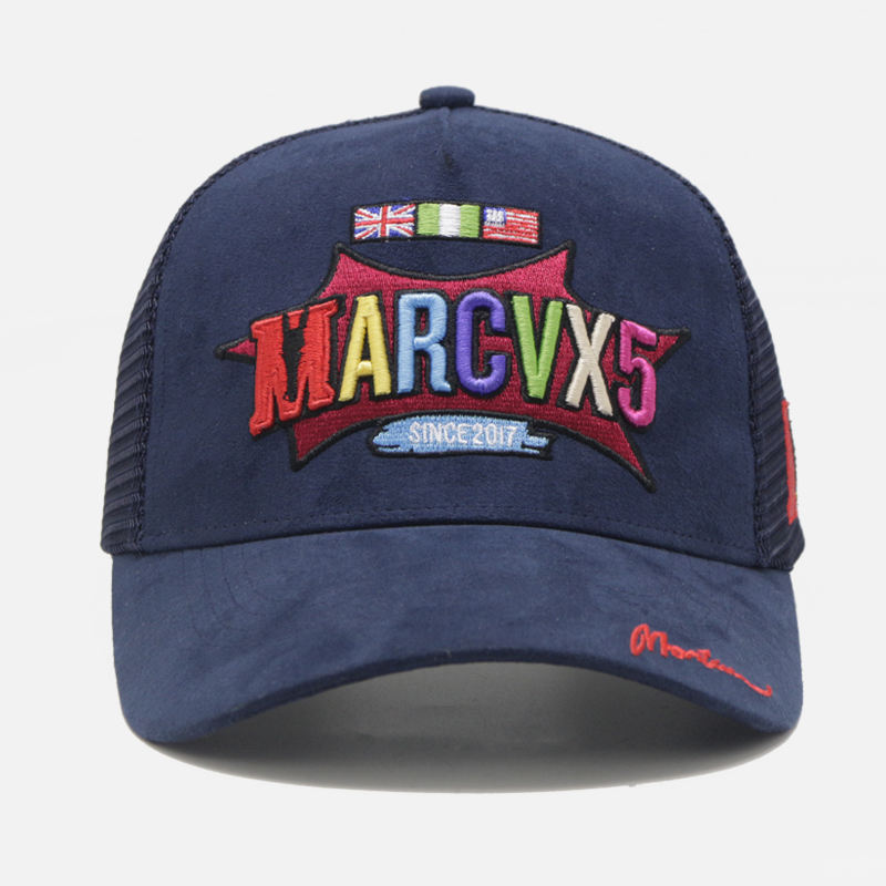 Navy and White Multicolor Logo Embroidered Suede Trucker Hat