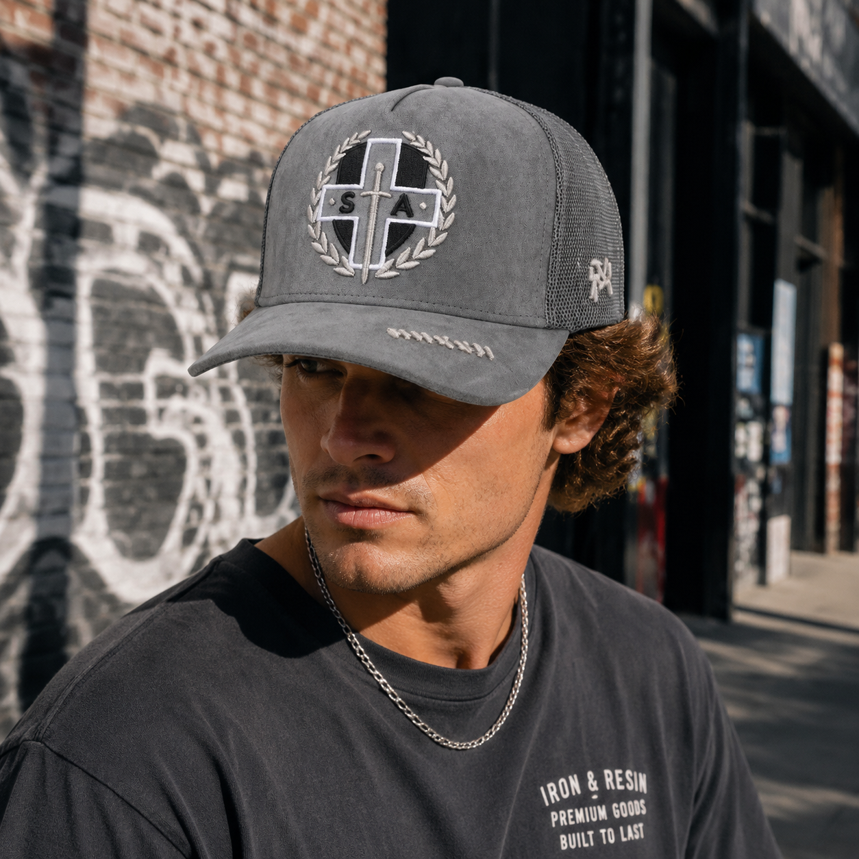 Grey Suede Mesh Trucker Cap with Cross Laurel Embroidery – Vintage Street Hat