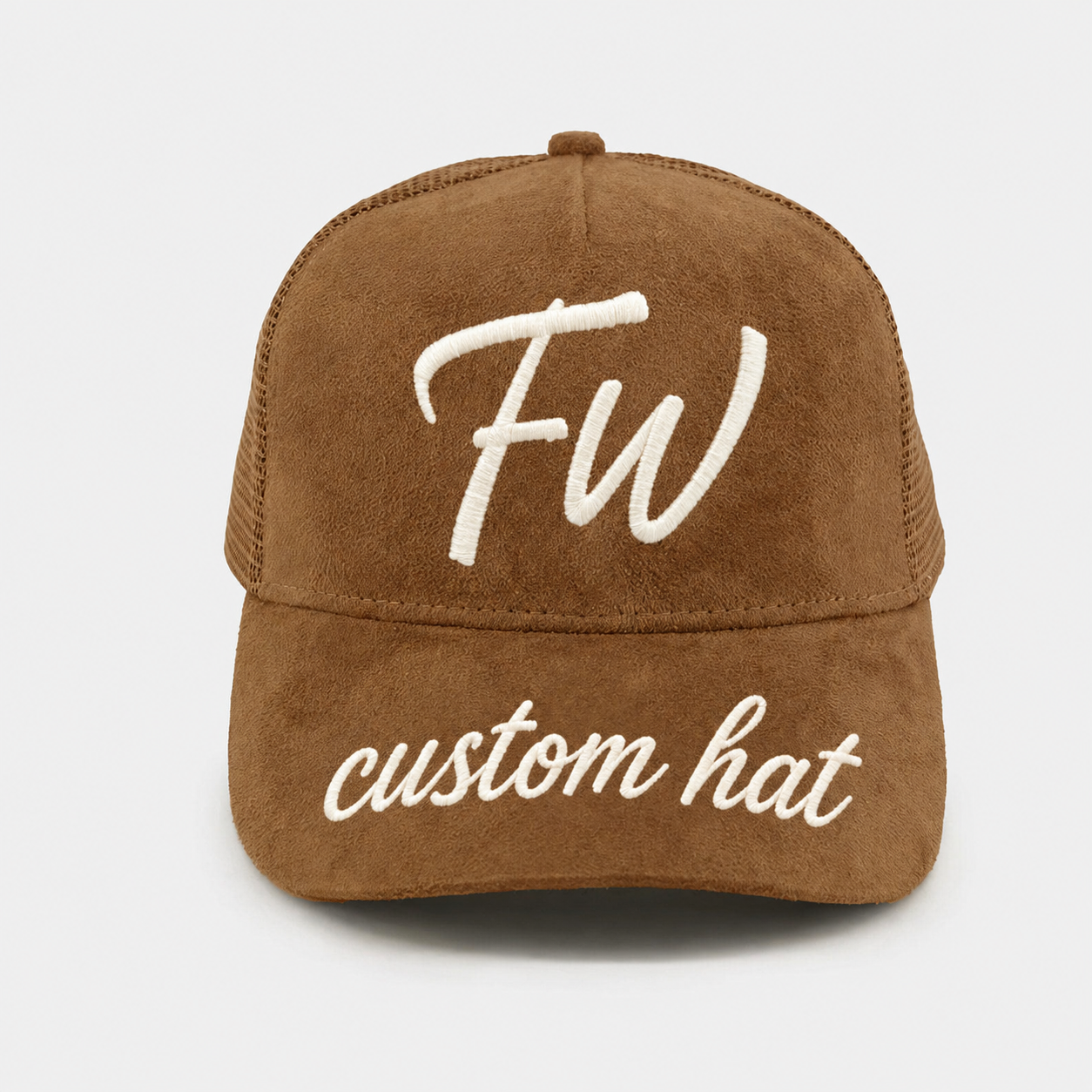 Brown Suede 5 Panel Trucker Cap with Time Flies Embroidery