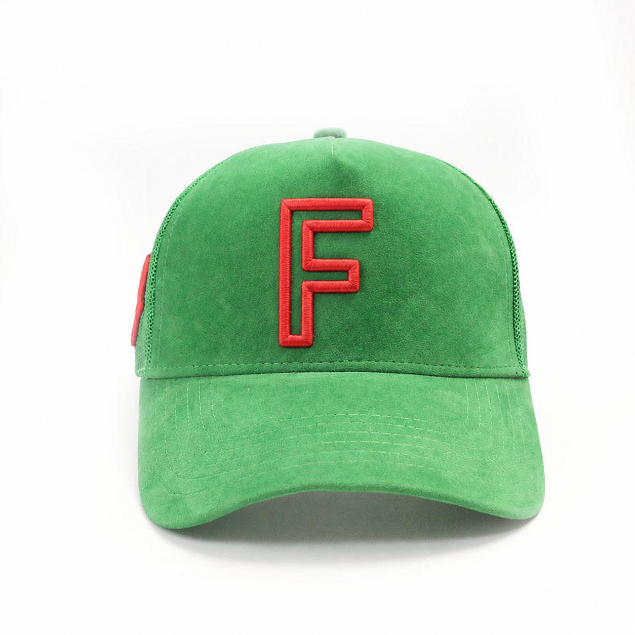 Green Suede 5 Panel Trucker Cap with Raised Red Embroidered Logo