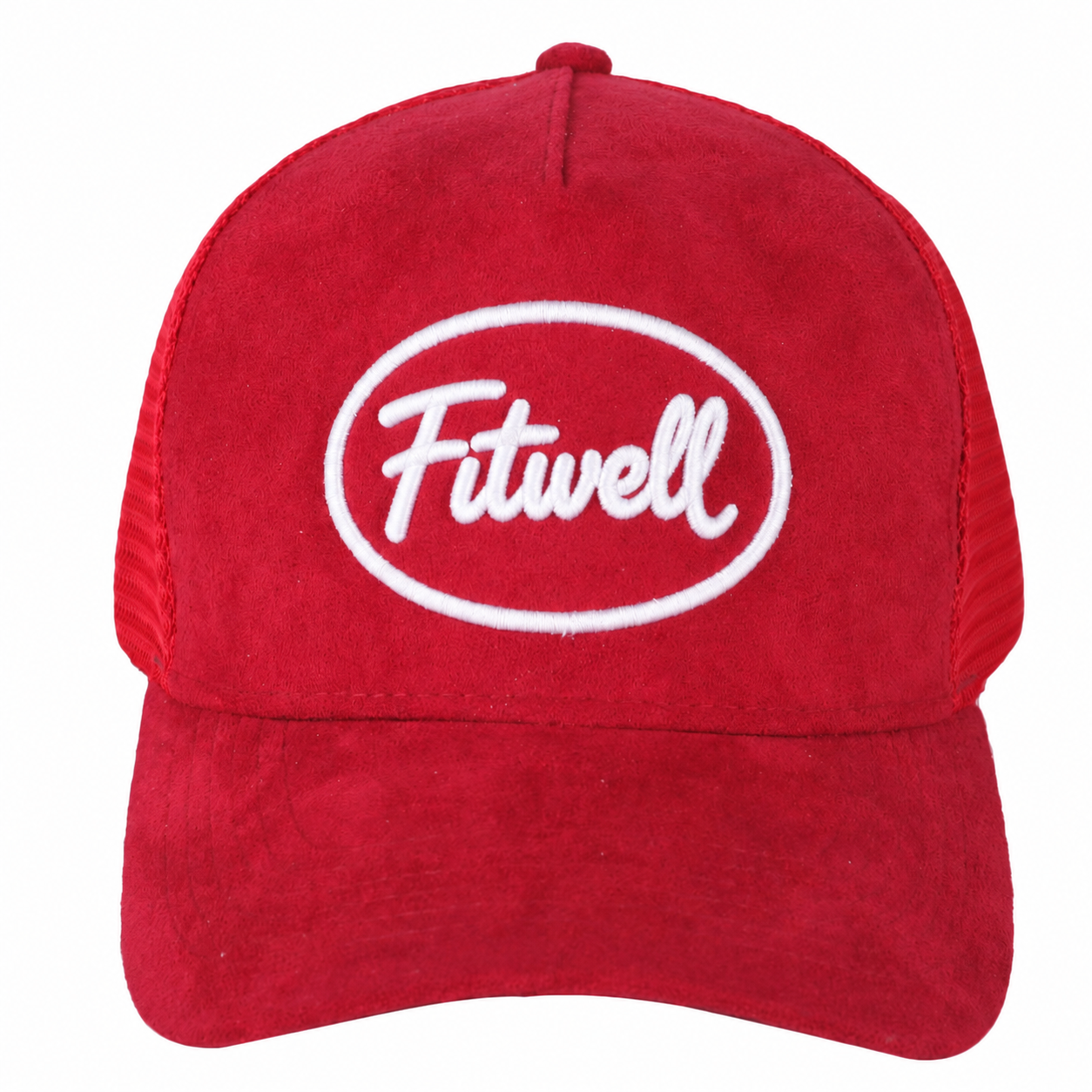 Red Suede Trucker Hat with White Embroidered Logo and Mesh Back Panel