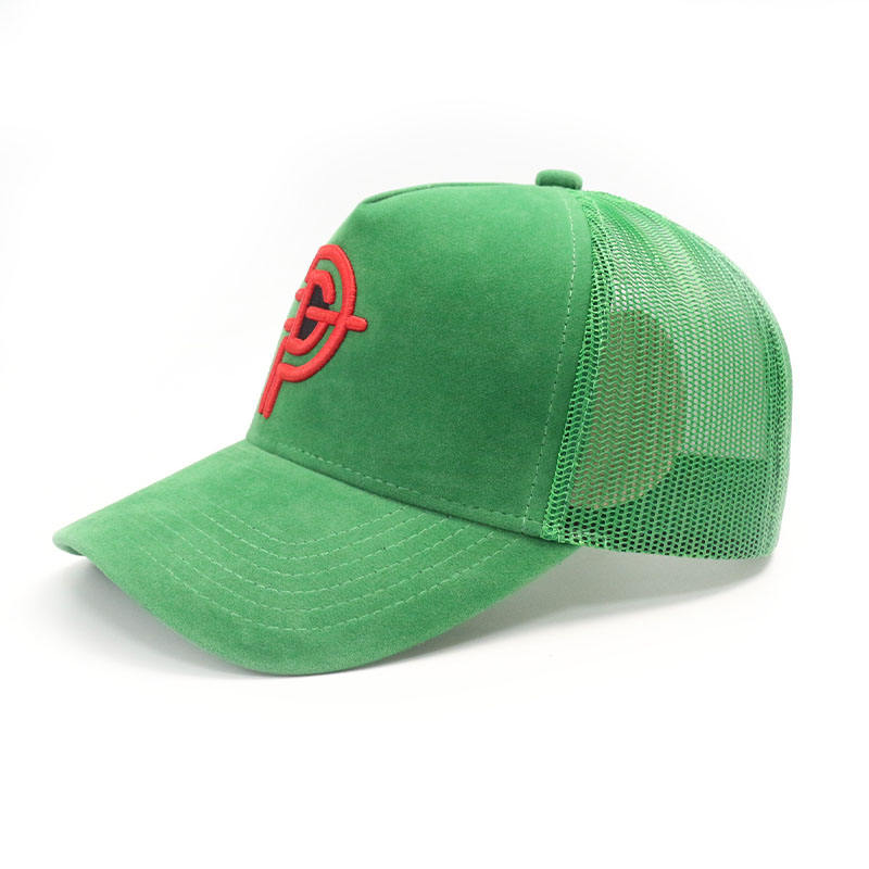 Green Suede 5 Panel Trucker Cap with Raised Red Embroidered Logo