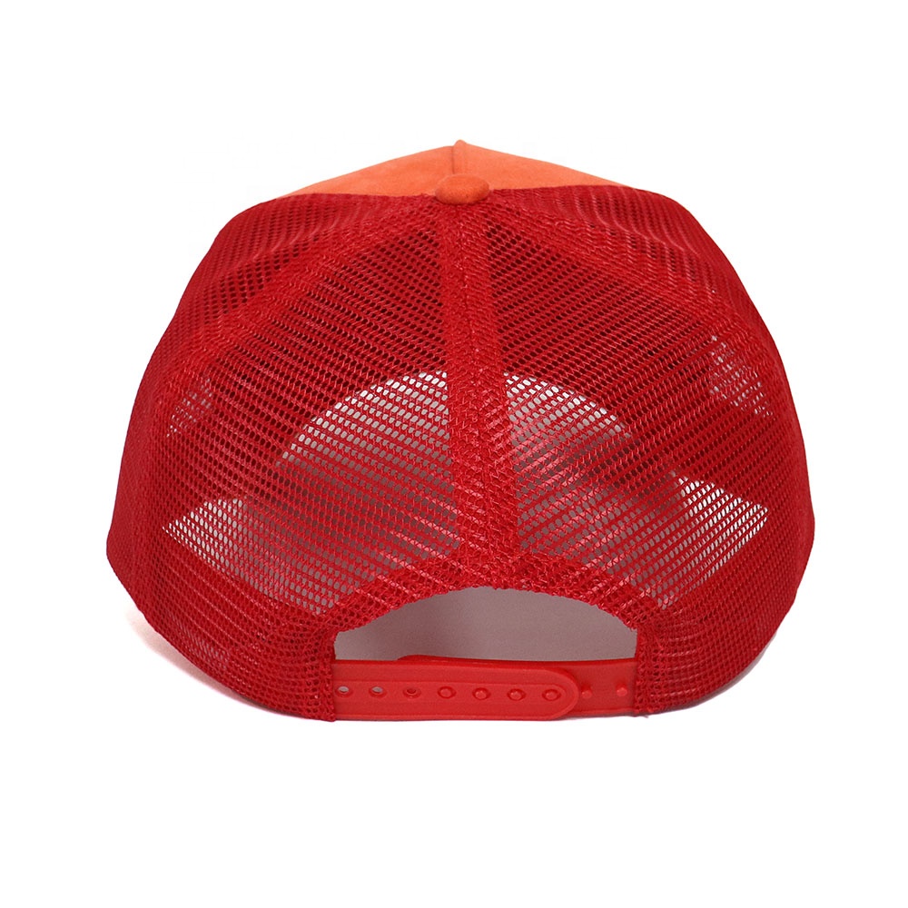 Orange Embroidered Eye Symbol Five Panel Suede Trucker Cap with Mesh Back