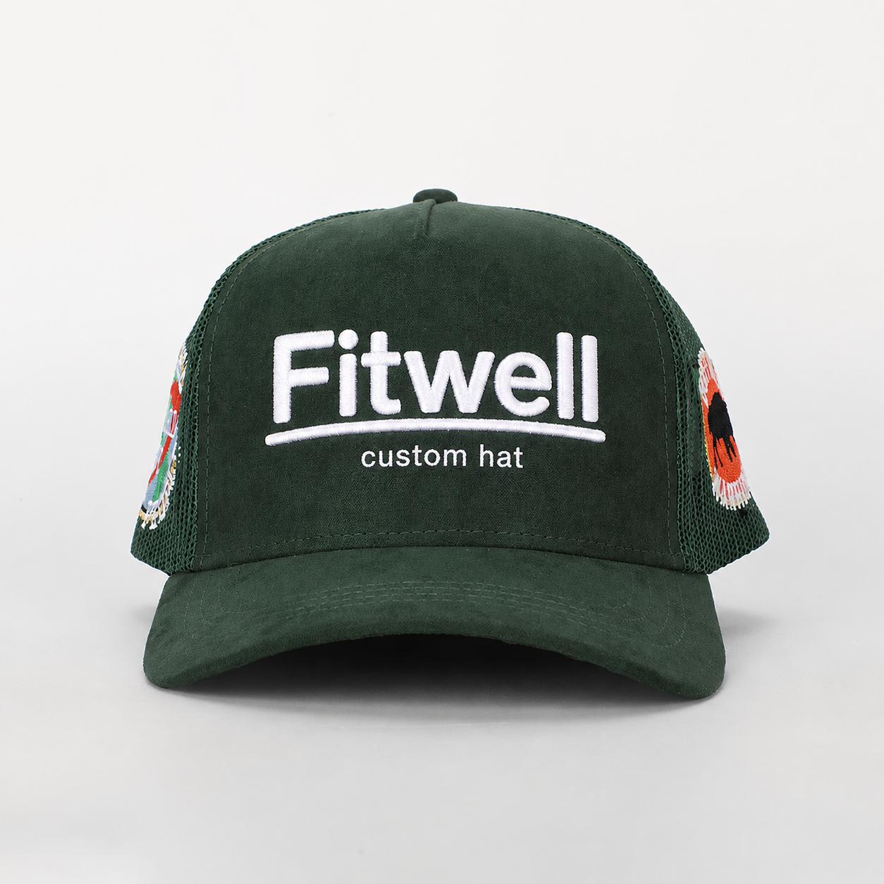 Dark Green Suede Mesh Trucker Cap with White Raised Embroidery