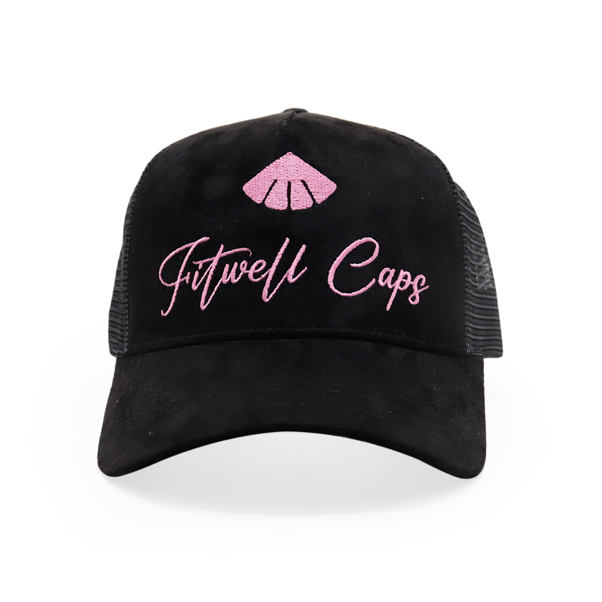 Black Suede Mesh Trucker Cap with Pink Script Embroidery