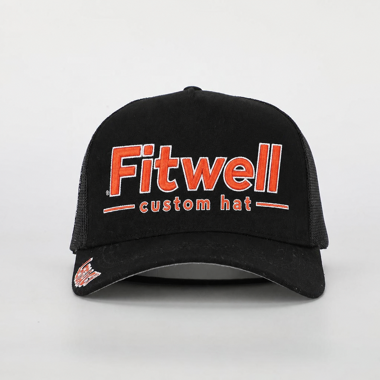 Black Mesh Trucker Cap with Orange Camera Logo Embroidery