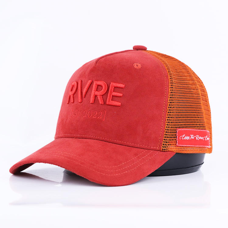 Red Orange RVRE Embroidered Suede Mesh Trucker Cap