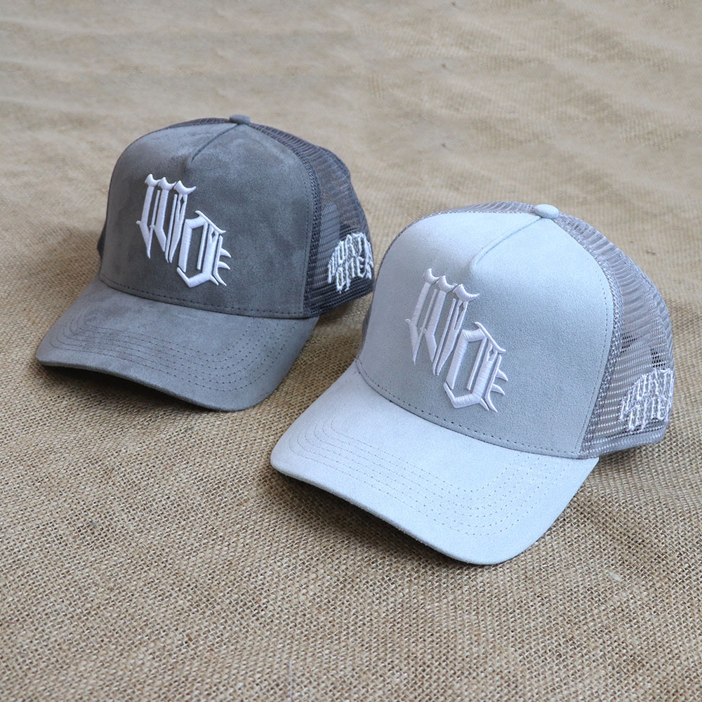 Two Tone Suede Trucker Hat with Embroidered Logo 5 Panel Mesh Back Baseball Cap
