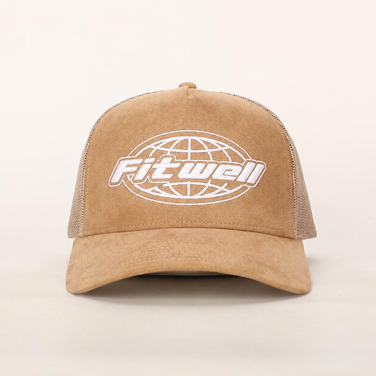 Vintage Khaki Suede Mesh Trucker Cap with White Embroidered Logo and Adjustable Snapback Closure