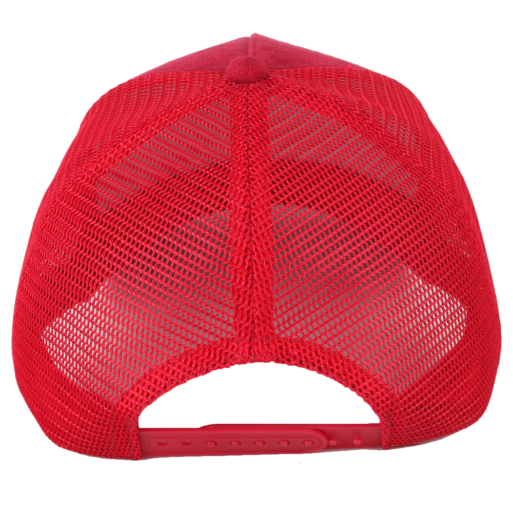 Red Suede Trucker Hat with White Embroidered Logo and Mesh Back Panel