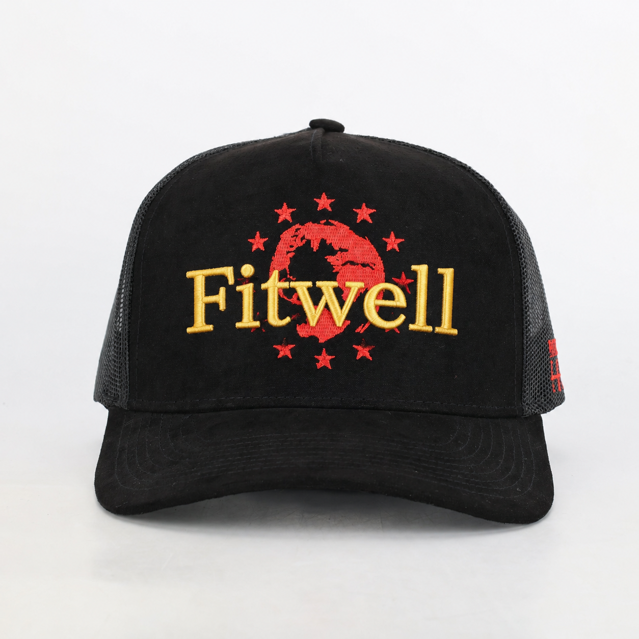 Black Suede Mesh Embroidered Trucker Hat