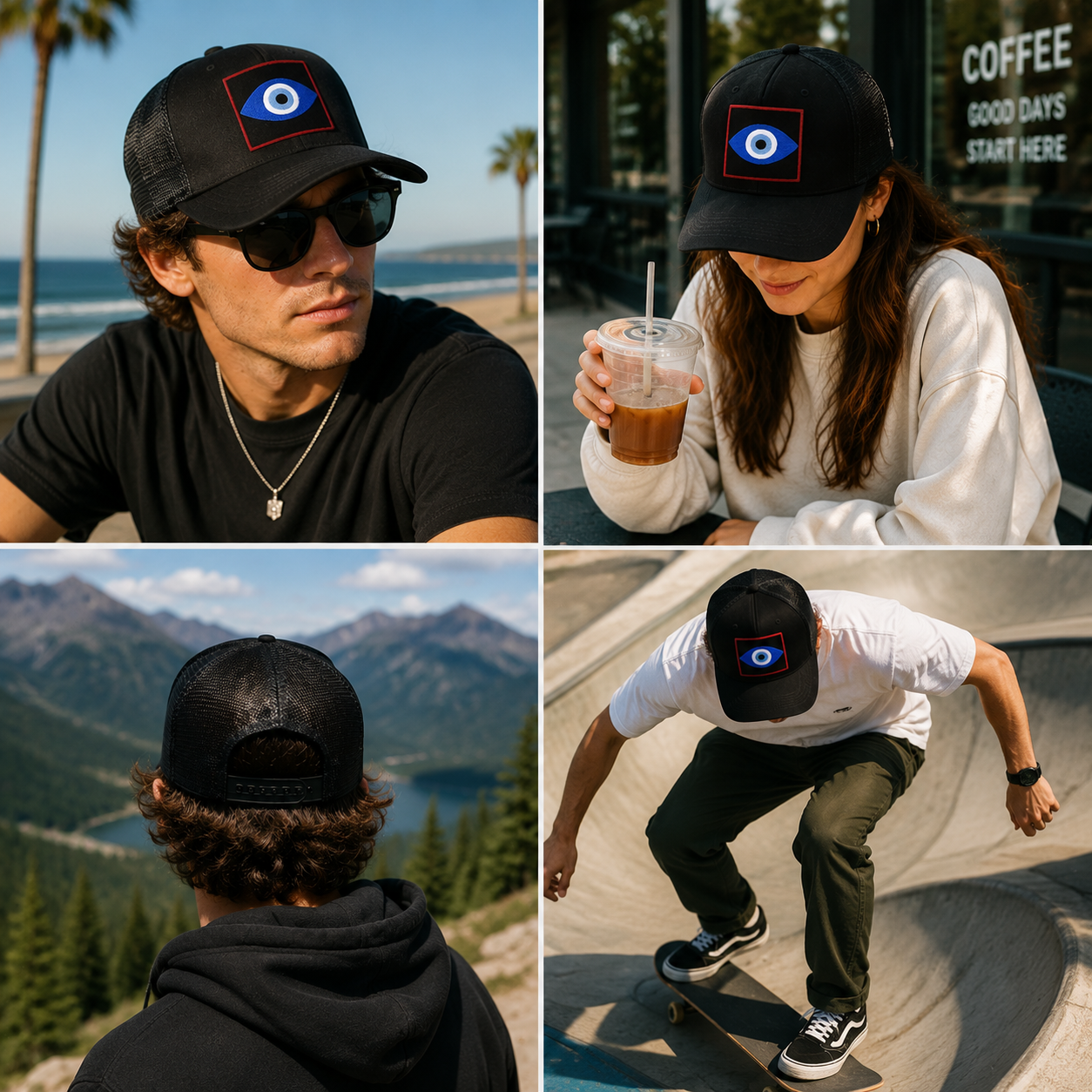 Black Evil Eye Embroidered Mesh Trucker Cap – Streetwear Snapback Hat