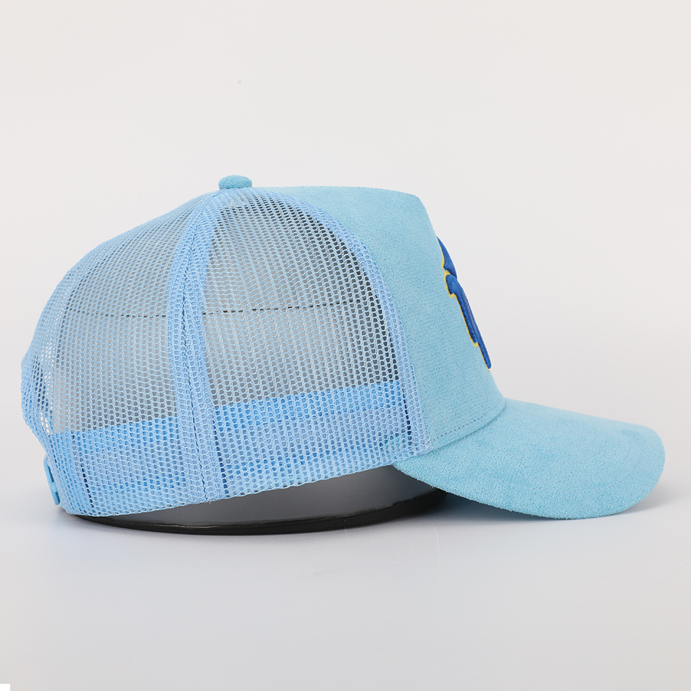 Light Blue Suede Mesh Trucker Cap with Baseball Graphic Embroidery