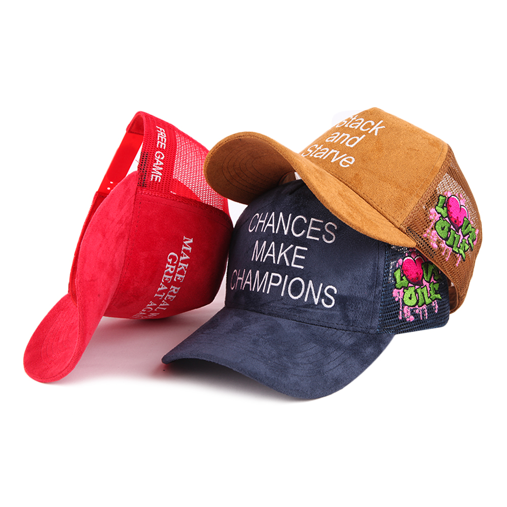 Suede Mesh Slogan Embroidered Trucker Hat Collection