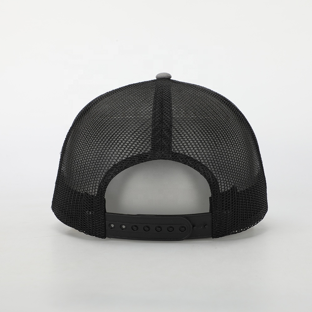 Gray Suede Mesh Trucker Cap with Black Gothic Letter Embroidery