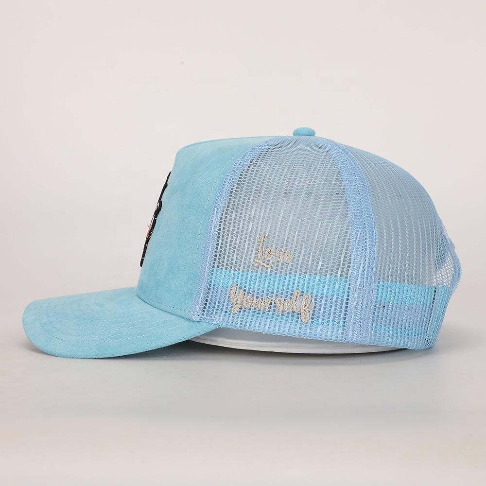 Blue 5 Panel Suede Trucker Hat with Embroidered Animal Logo Mesh Back Casual Cap