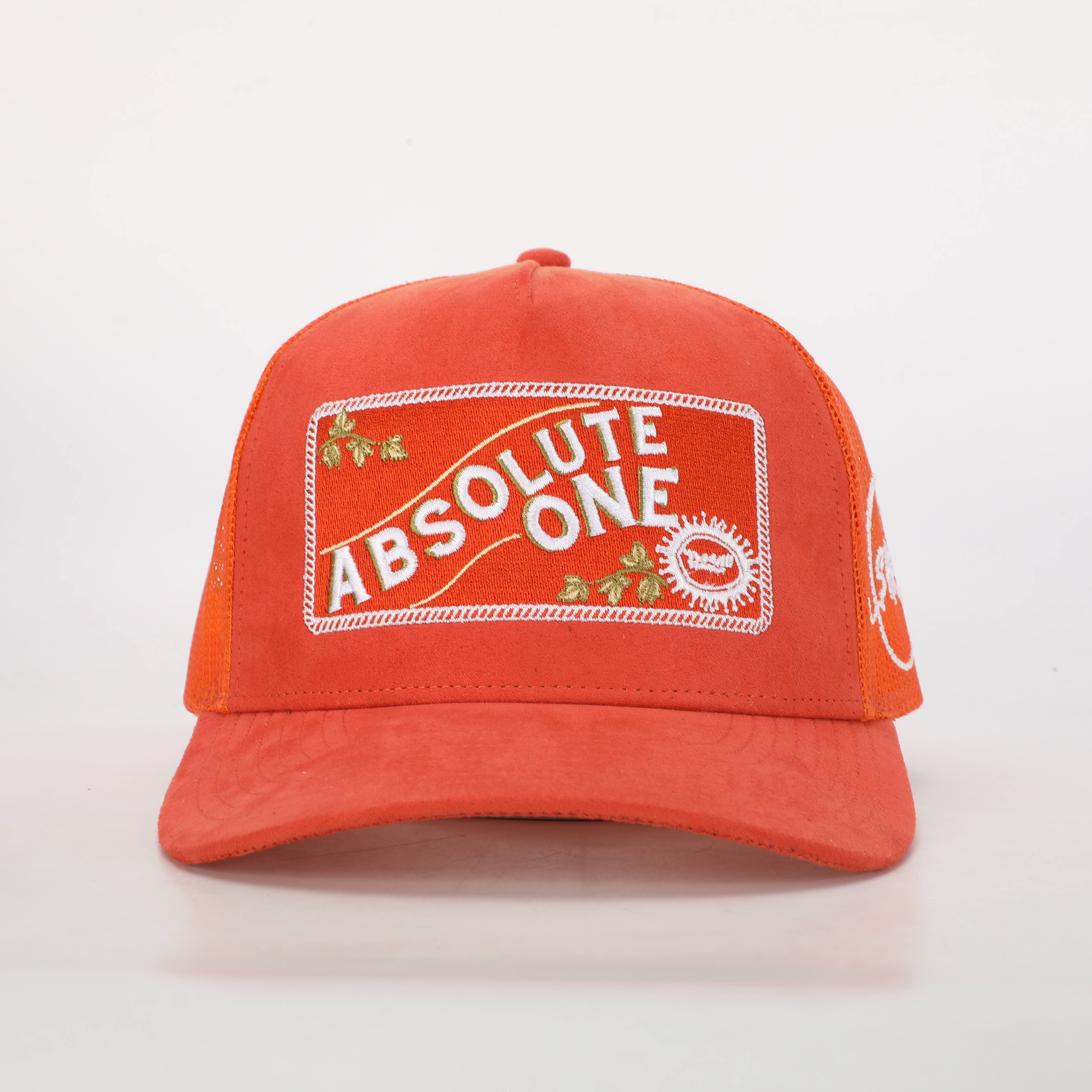 Burnt Orange 5-Panel Suede Trucker Hat with Absolute One Embroidery