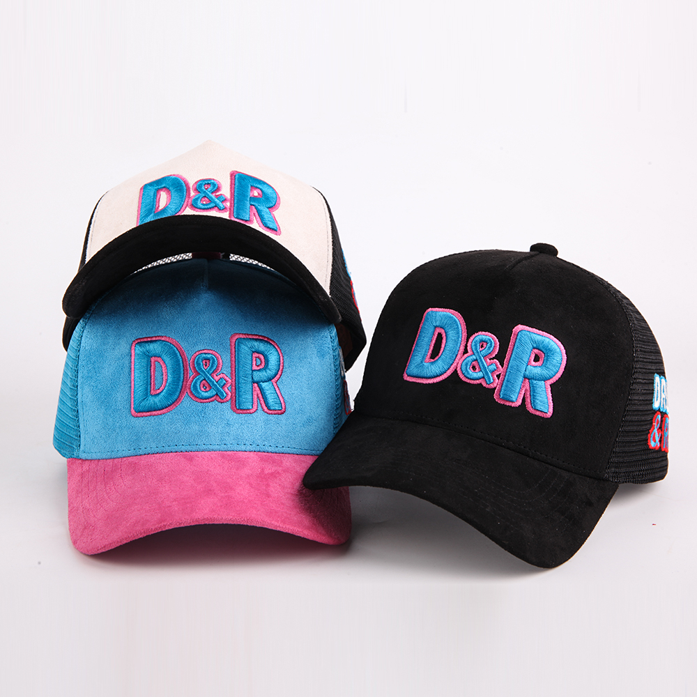 Two-Tone Suede Five-Panel Mesh Trucker Cap with 3D D&R Embroidery and Curved Brim