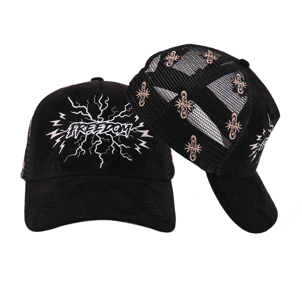Black Mesh Back Trucker Hat with Embroidered Lightning Graphic Design