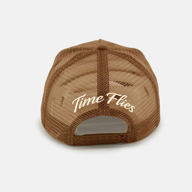 Brown Suede 5 Panel Trucker Cap with Time Flies Embroidery