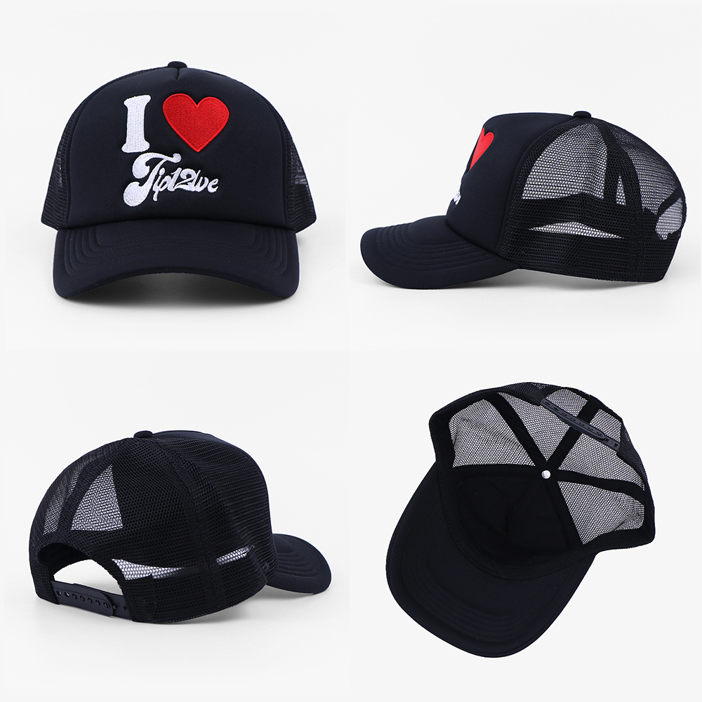 Black I Heart Script Logo Embroidered Foam Mesh Trucker Cap