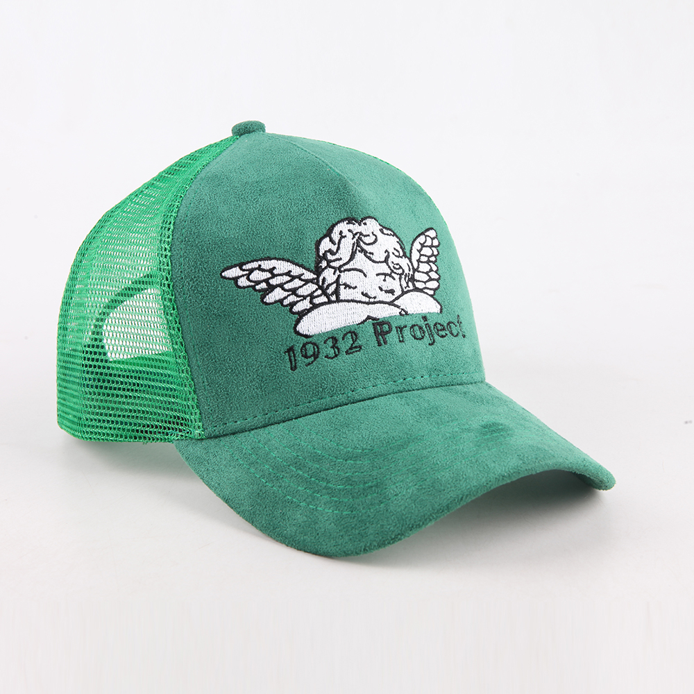 Emerald Green Suede Mesh Trucker Cap with Cherub Embroidery