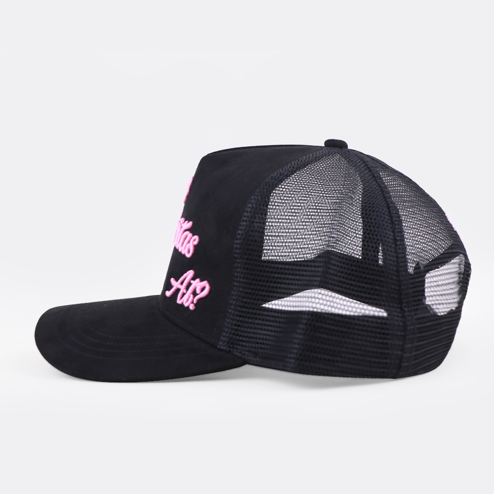Black Suede Mesh Trucker Cap with Pink Script Embroidery