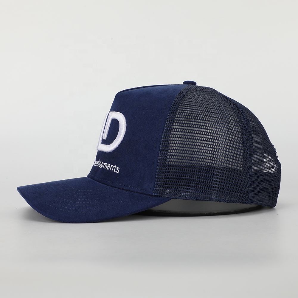 Navy Suede Mesh Embroidered Trucker Hat