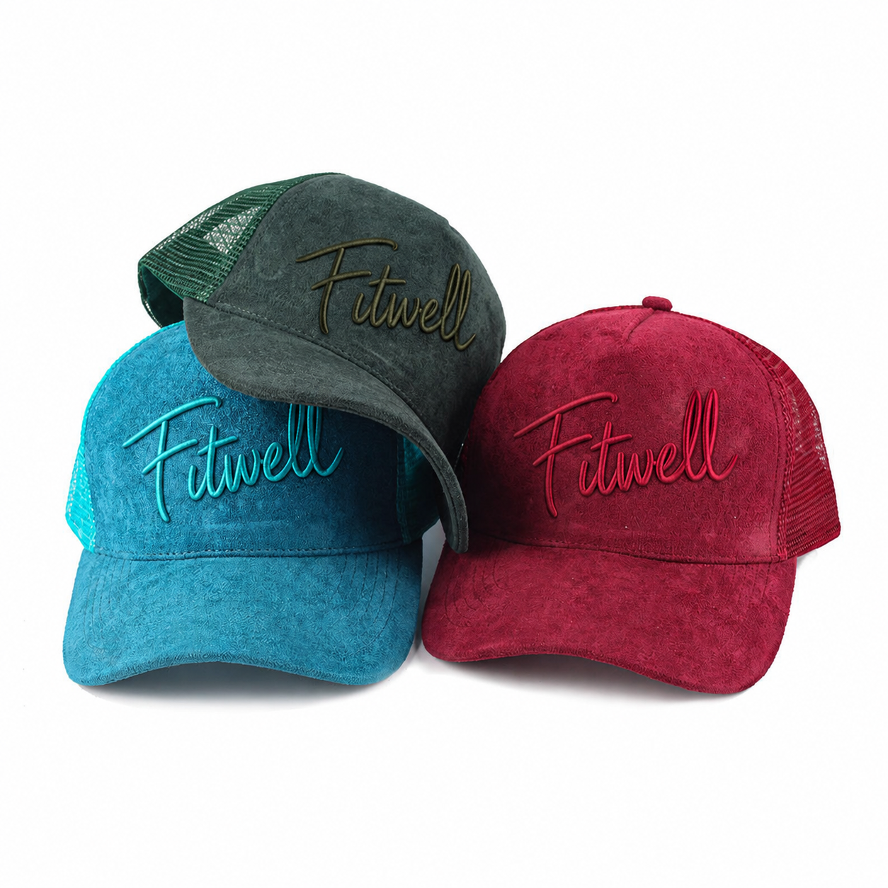 Thirty Script Logo Suede Mesh Trucker Cap with Tonal Embroidery, Curved Brim and Breathable Back – Turquoise Charcoal Burgundy