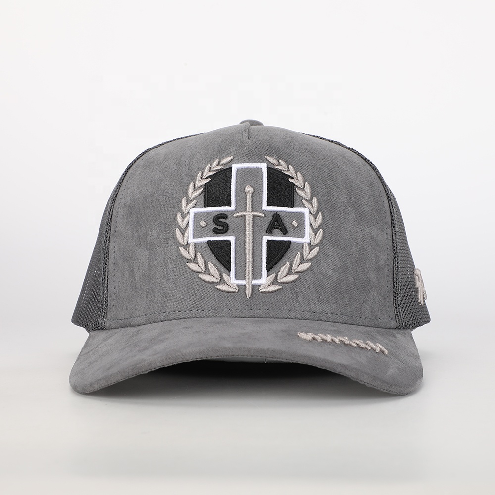 Grey Suede Mesh Trucker Cap with Cross Laurel Embroidery – Vintage Street Hat