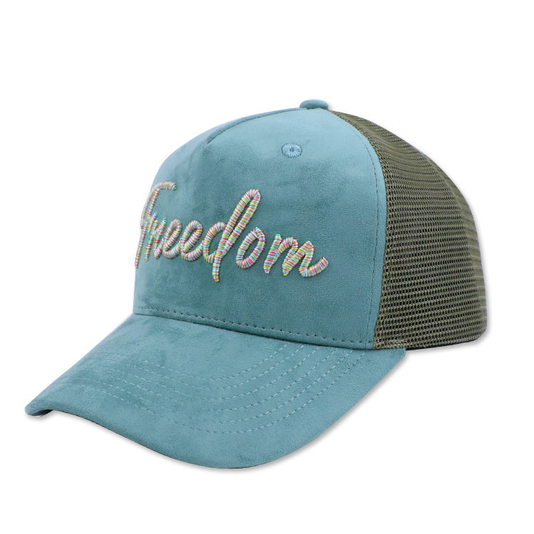 Mint Green Suede Style 5 Panel Trucker Hat with Script Embroidery Logo and Mesh Back Panels