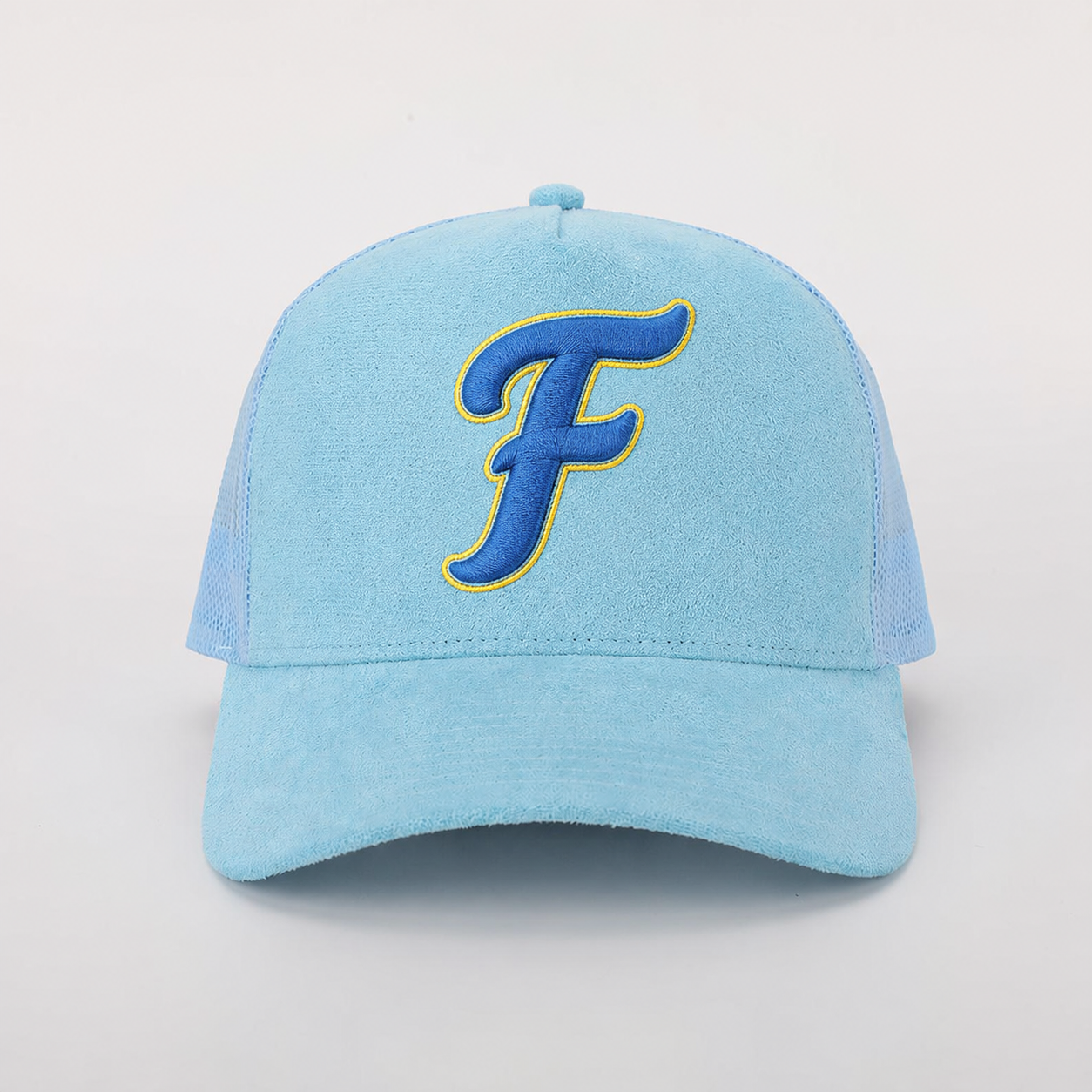 Light Blue Suede Mesh Trucker Cap with Baseball Graphic Embroidery