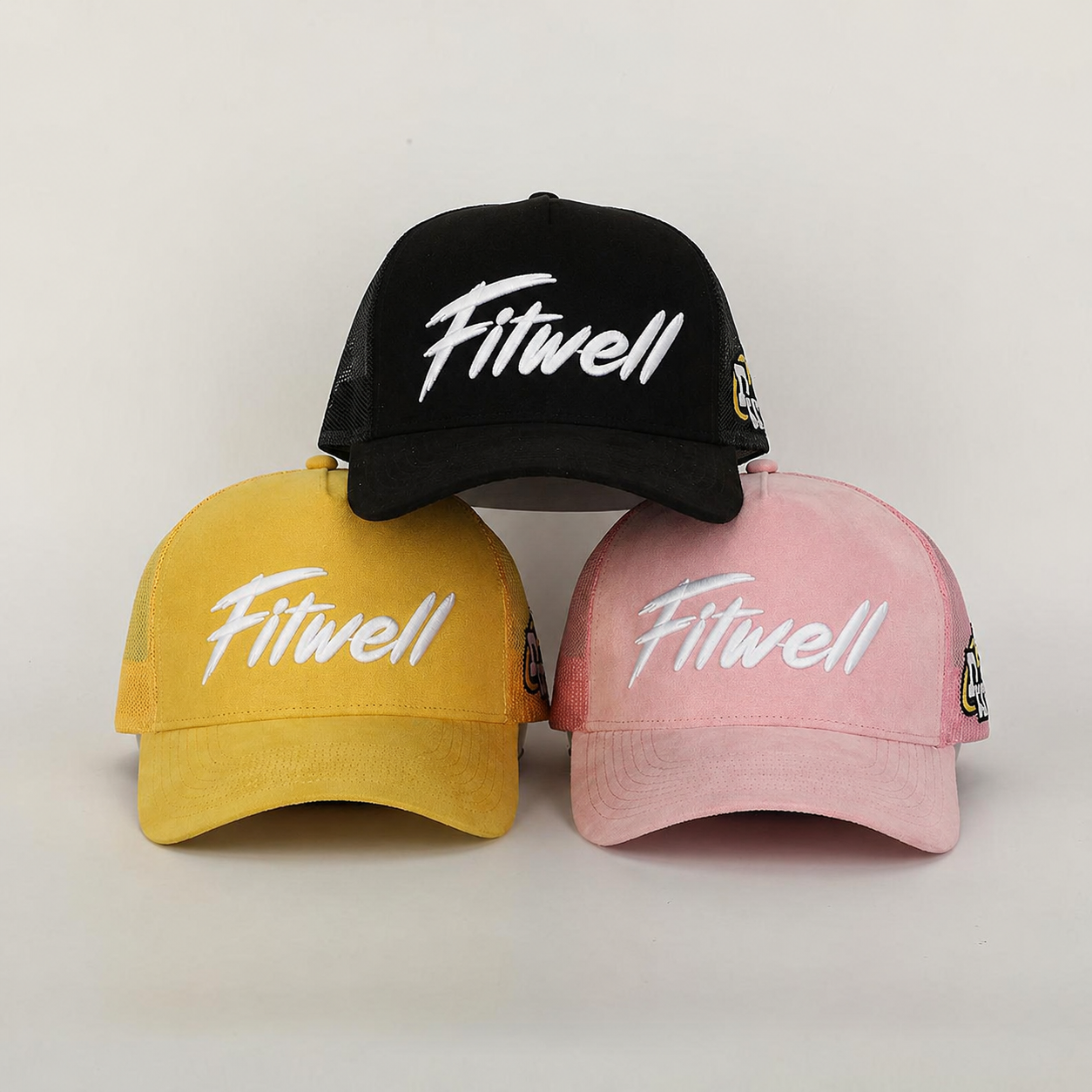 Three-Color Suede Mesh Trucker Cap with Bold White Embroidery