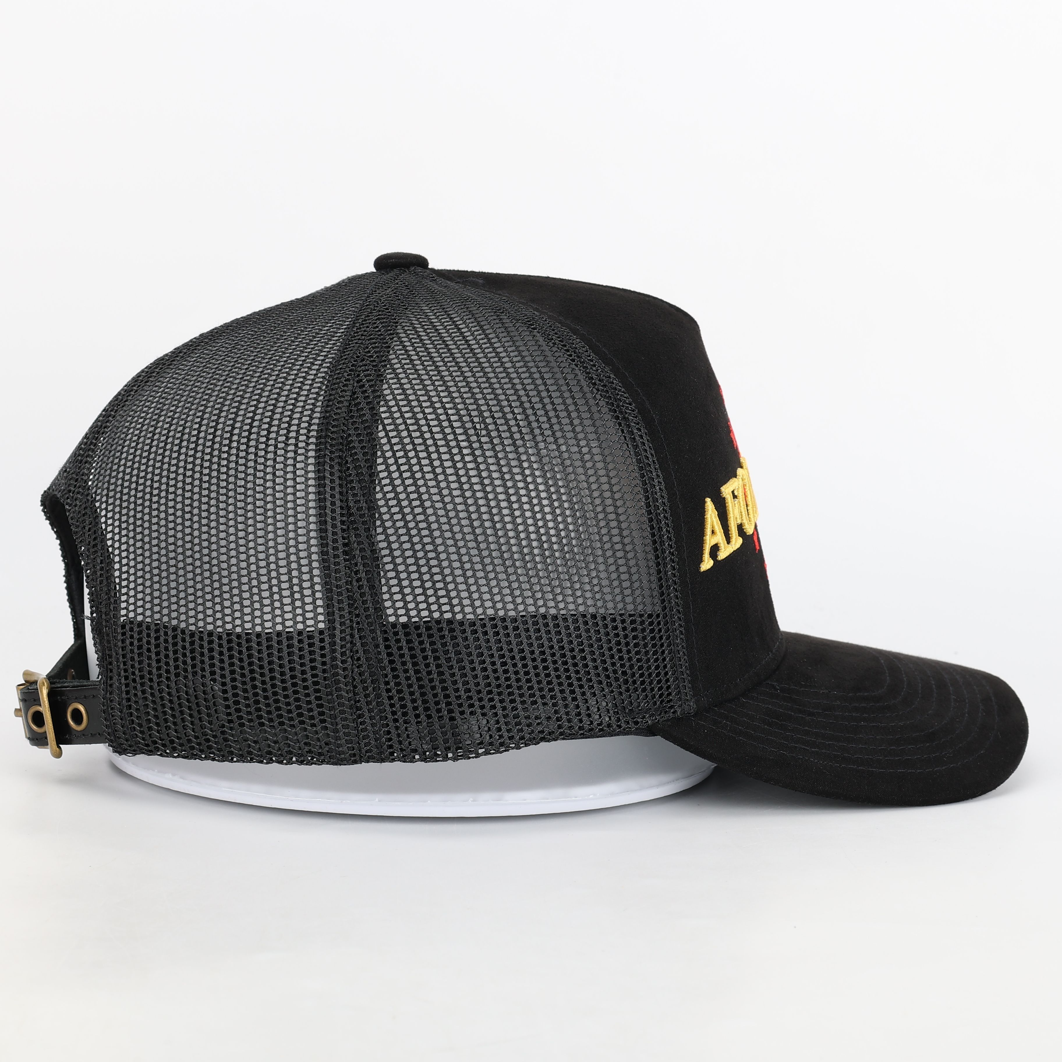 Black Suede Mesh Embroidered Trucker Hat