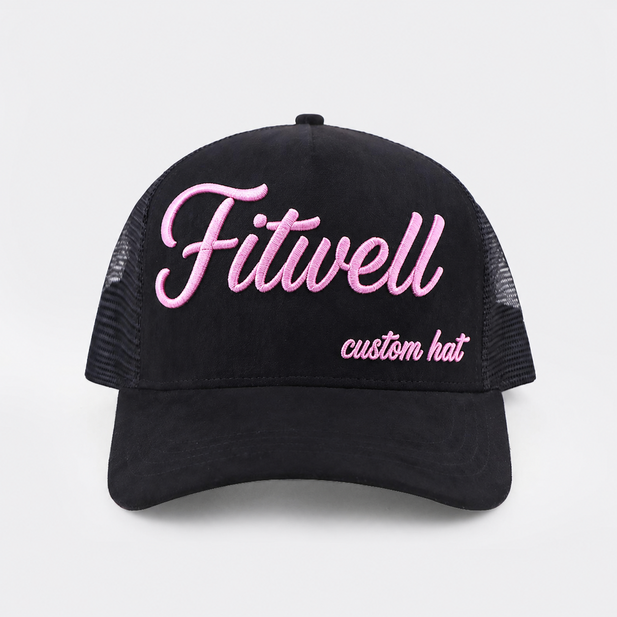 Black Suede Mesh Trucker Cap with Pink Script Embroidery