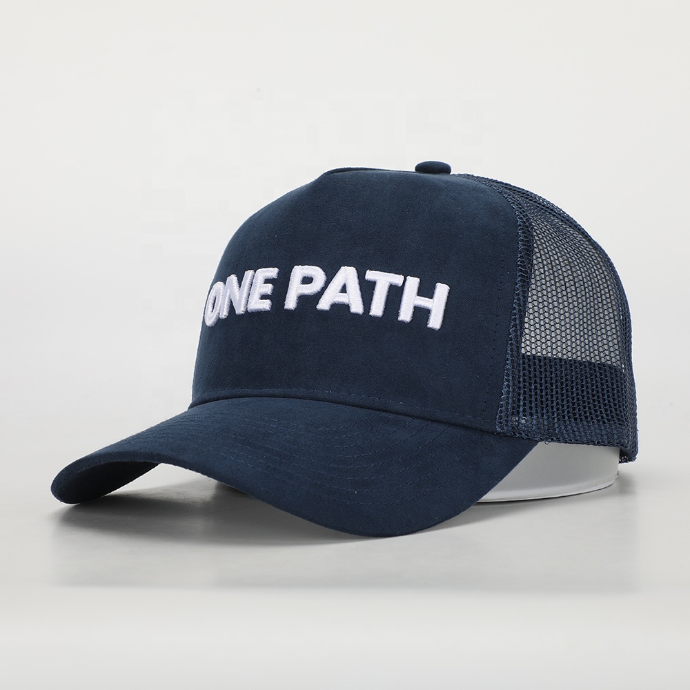 Navy ONE PATH Suede Mesh Embroidered 5-Panel Trucker Cap