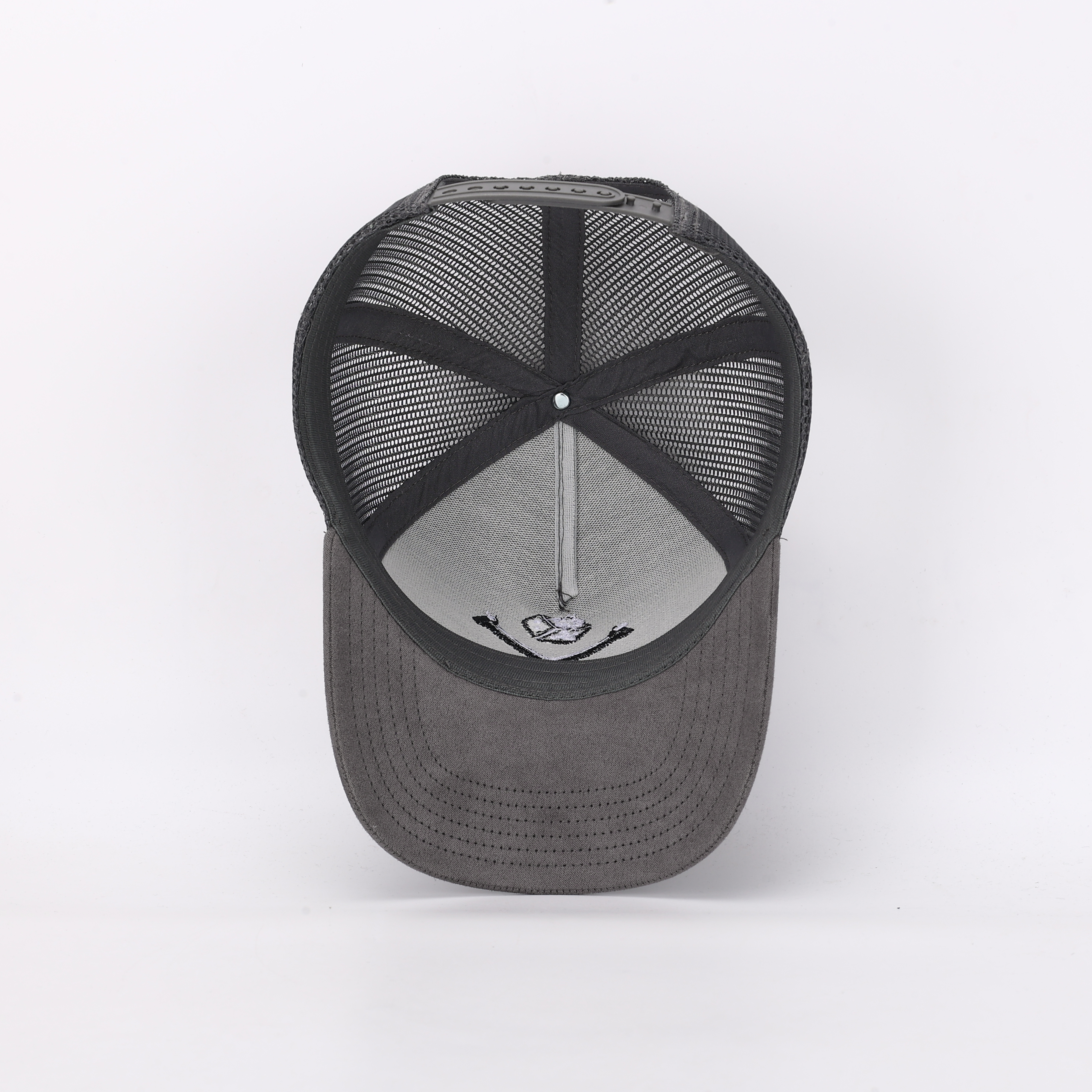 Charcoal Suede Mesh Trucker Hat with Dice and Crossed Nails Embroidery