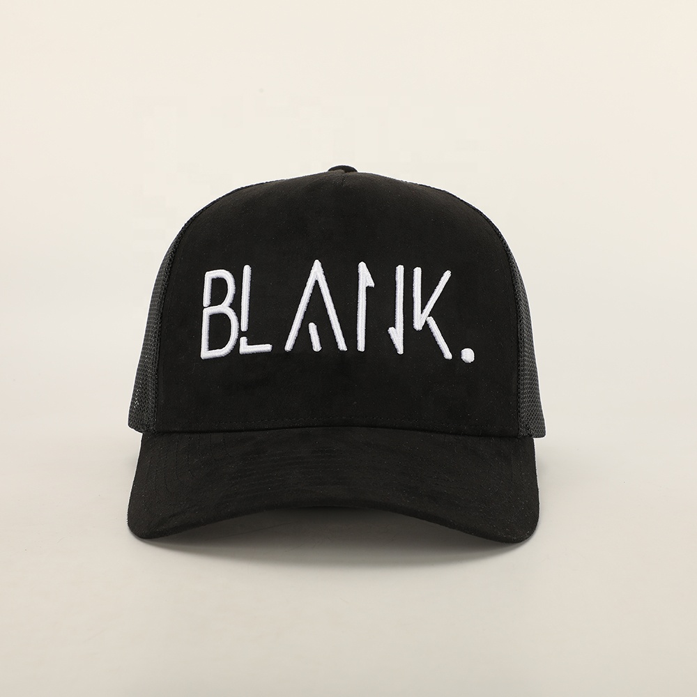 Black Suede Mesh Trucker Cap with White Letter Embroidery