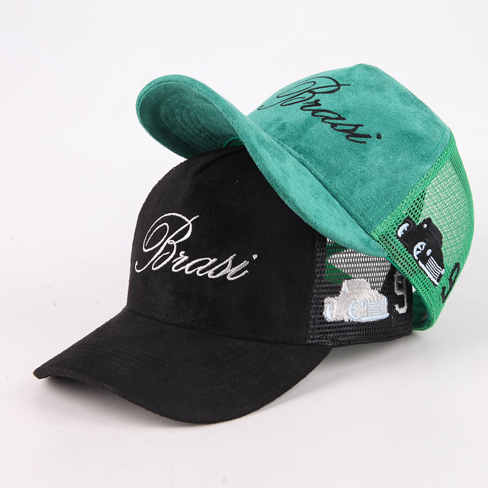 Vintage Mesh Trucker Hat with Suede Front Panel and Embroidered Script Logo