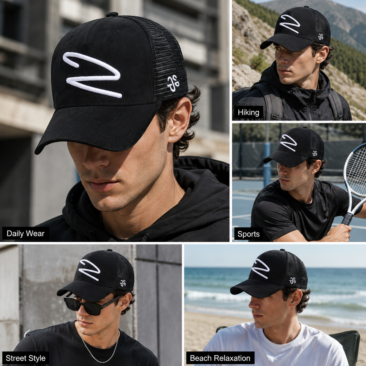 Black Suede Mesh Trucker Cap with White Embroidery Logo