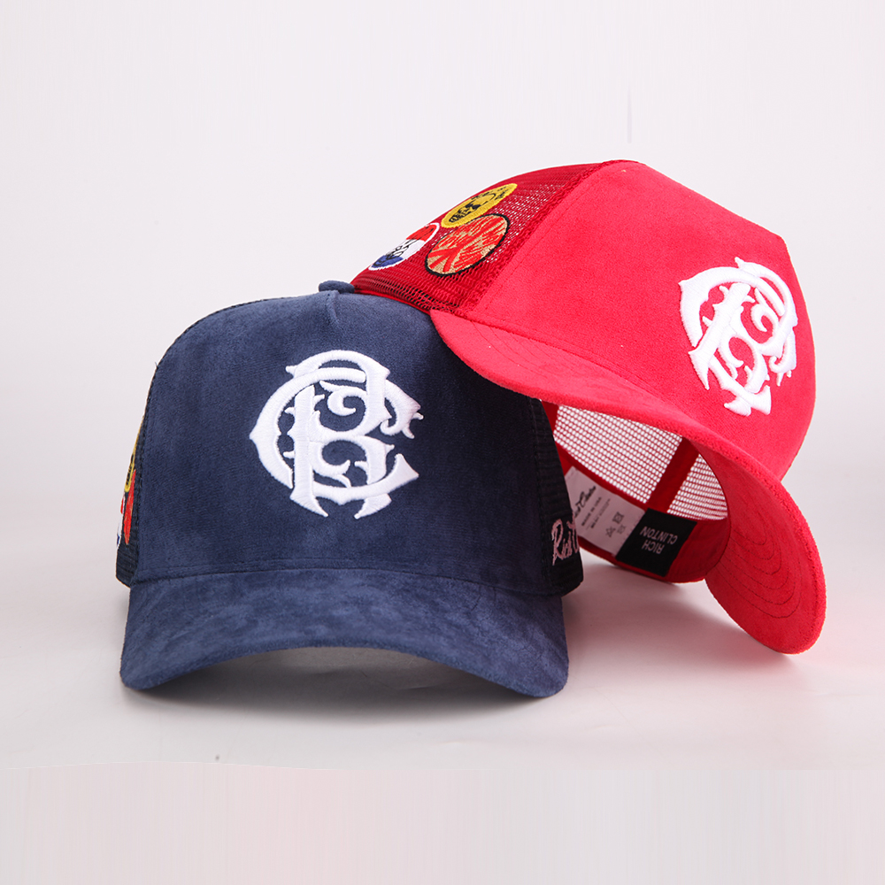 Vintage Suede Patchwork Mesh Trucker Cap with Raised Monogram